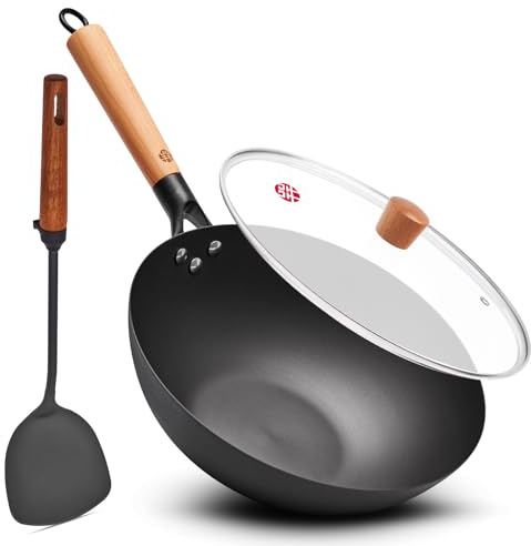 WANGYUANJI 11.8 High Purity Iron Wok Pan,Flat Bottom Stir Fry Pan for Electric,Induction & Gas Stoves,No Chemical Coating Carbon Steel Alternative,Traditional Hand-Hammered Skillet for Cooking