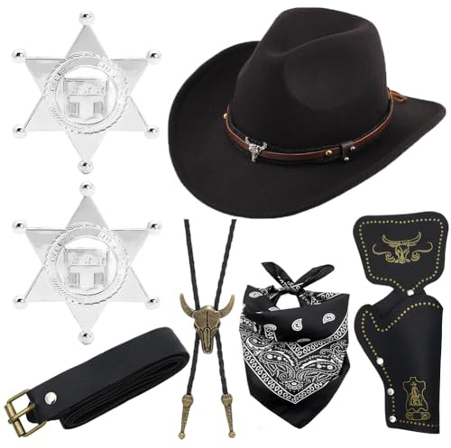 YskerrigToy Costumi da Cowboy, 7PCS Occidentale Cowboy Costume Accessori con Cappello da Cowboys Bandana Cinture Fondine Distintivo Cosplay Costumi da Cow-boy Occidentale per Adulti Carnevale(Nero)