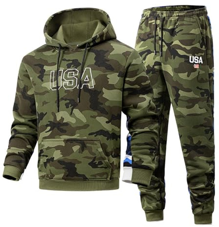 Rrongwn Chándal para hombre, traje de entrenamiento ligero, traje de ocio, traje deportivo, invierno, talla grande, estampado de camuflaje, sudadera con capucha, conjuntos de pantalones, verde, XL