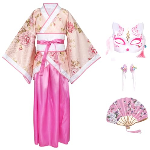CRFASIBE Hanfu Fille Costume, Ensemble Traditionnel Chinois Déguisement | Déguisement Chinois Filles Imprimé Floral avec Éventail et Coiffe, Tenue de Asiatique pour Cosplay, Carnaval, Photo, Fête
