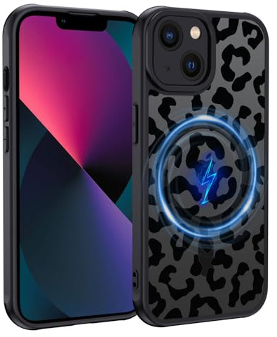 XTCASE für iPhone 13 Hülle Magnetisch kompatibel mit Magsafe, Aesthetic Leopard Muster Mädchen Case Matt Transluzente Handyhülle Kratzfeste PC Rückseite + TPU Bumper - Schwarz