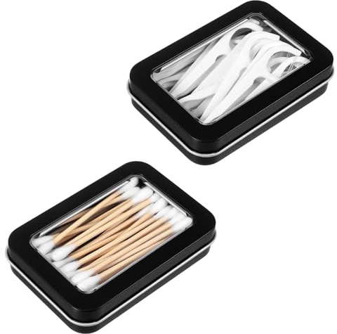 Nogeqi 2 Pcs Metal Small Tins with Lids, Travel Cotton Swab Holder Rectangular Empty Mini Portable Storage Box with Clear Lid for Cotton Swabs, Floss, Candy, Sweets, Key, Jewelry (Black)