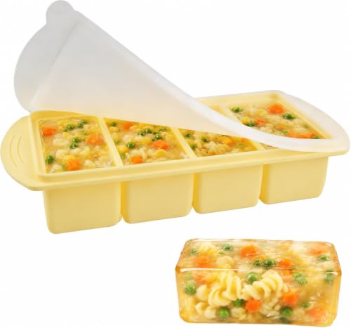 kcrnw Silicone Freezing Tray with Lid, 1000ML Extra Large Ice Cube Tray | Soup Freezer Containers 4-Compartment Food Storage Container Trays for Soup, Meal Prep, Broth, Butter, Sauce (Yellow)