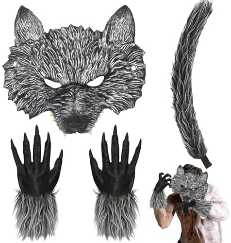 AUNGKWANG Pelzige Fuchs Maske, Schwanz und Pfoten Handschuhe Set, Cosplay Kostüm Zubehör für Halloween Weihnachten Karneval Party Verkleiden für Kinder und Erwachsene