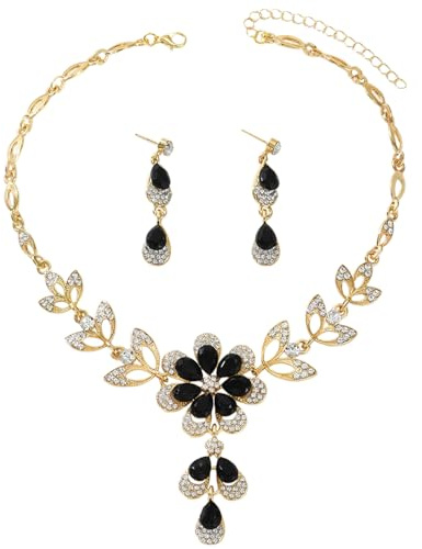 ALMLWIAJ Gioielli Set Collana e Orecchini con Cristalli Strass a Forma di Goccia e Fiore, Regalo di Lusso (Nero)