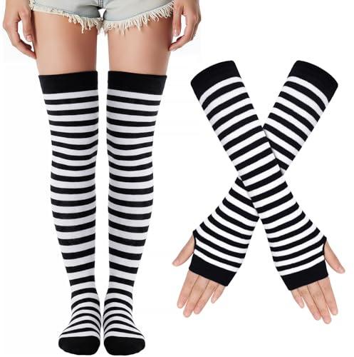Kiiwah Set di 2 Paia Calzini da Ginocchio a Righe e Guanti Lunghi Senza Dita, Calze Sopra di Ginocchio Halloween Guanti Senza Dita per Ragazze e Donna