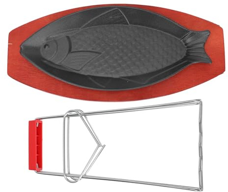 CIYODO Padella per Barbecue in Ferro a Forma di Pesce Piastra Antiaderente Vassoio in Legno Padella per Bistecca Resistente per Grigliate All’Aperto e Uso Domestico