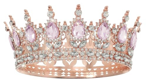 BLNC Diadem für Damen, Queen Krone mit Strass-Kristall-Kopfschmuck für Hochzeit, Abschlussball und Geburtstag, Roségold und Hellrosa