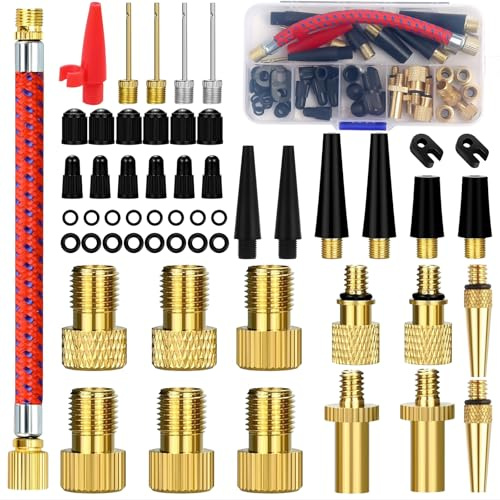 Seconero 54Pcs Bike Pump Adaptor Set, Bike Valve Adapter DV/AV/SV Set | with 13cm Extension Pipe, Bike Pump Adaptor Set for Presta Schrader Valve with Balls/Bikes Inflation Needle Nozzle