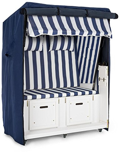 blumfeldt Hiddensee Strandkorb Set + Wetterschutzhülle + Bodenrollen (5-stufig absenkbare Haube, ausziehbare Fußstützen mit Polster, 2 Nackenkissen, Klapptische) blau-weiß