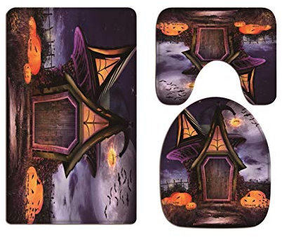 A.Monamour Badezimmer Badematte 3 Teilig Set Halloween Kürbis Fantasie Holz Haus Urlaub Dekore Toiletten Deckel Flanell Saugfähig Badteppiche Badvorleger Badgarnitur WC Vorleger