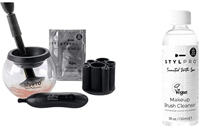 STYLPRO Electric Makeup Brush Cleaner and Dryer Machine with 8 Brush Collars, Brush Cleanser & stylPro Make Up Brush Cleanser, 150ml