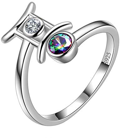Aurora Tears Gemini Ring Zodiac verstellbare Ringe 925 Sterling Splitter Mystic Rainbow Topaz Konstellation offener Ring Horoskop Schmuck für Frauen und Mädchen DR0087G