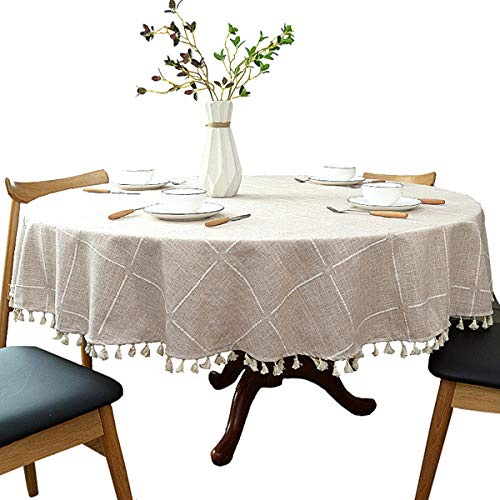 schwere Baumwolle Leinen Tischdecke, rundes, Kariertes Quaste Tischtuch für Küche Esszimmer Tischdekorationen, Durchmesser - 120cm, Beige