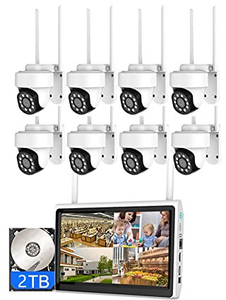 8 Channel Wireless PTZ WIFI Dome Camera System with Monitor, 3MP Home Security NVR Camera Kit with Two-Way Audio, Full Color Night Vision, with 2T Hard Drive