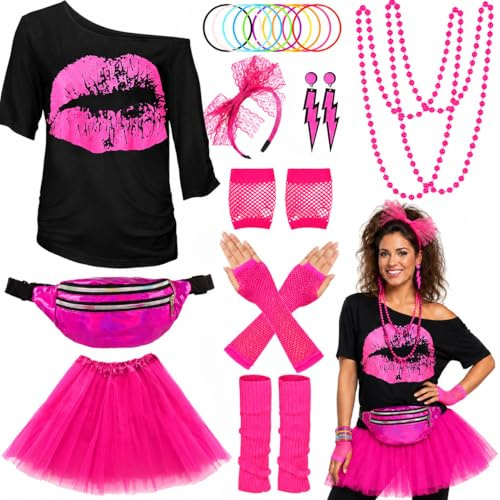 80er Jahre Outfit Damen Set, T-Shirt, Tutu, Gürteltasche, Stirnband, Ohrring, Halskette, Netzhandschuhe, 80er Jahre Kleidung Kostüm Neon Accessoires Thema Party Karneval Clothes-80SMouth-Pink-S