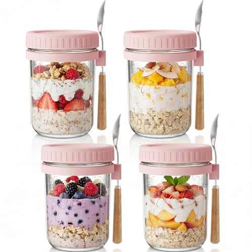 HomArtist Glass Overnight Oats Containers with Lids and Spoon, 16oz Wide Mouth Mason Jars for Overnight Oats, Cereal, Yogurt, Salad Lunch Container with Measurement Marks - Pink 4 Pack