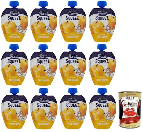 Melinda Passata di Mela Golden Squeez 100% fruta, puré de manzana dorada, fruta para exprimir, 90 g + lata italiana gourmet Polpa di Pomodoro de 400 g