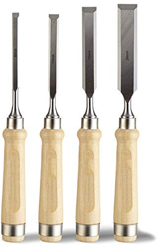 Set di scalpelli per Legno 4 Pezzi, Utensili manuali per intagliare Il Legno, sgorbie per carpenteria Professionale per la Lavorazione del Legno con Manici in Legno (8 mm, 13 mm, 18 mm, 24 mm)