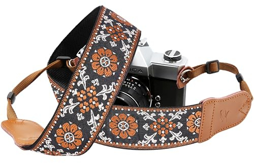 Padwa Lifestyle Kameragurt - 2“ Rindsleder Kopf Kameragurt für Fotografen, Vintage Jacquard Stickerei gewebt Baumwolle verstellbare Schulter Nackenriemen für Kameras, Ferngläser - Braune Blume