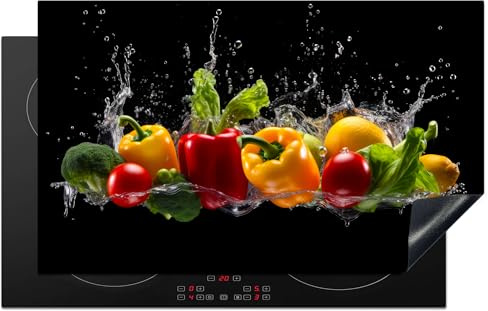 KitchenYeah© Herdabdeckplatte Einteilig Abdeckplatten Cerankochfeld | 83x51 cm - Abdeckung Ceranfeld Herdplattenabdeckung Induktionsmatte Paprika - Wasser - Gemüse - Schwarz