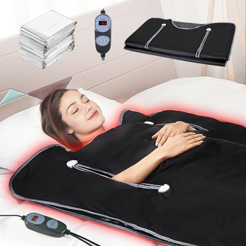 VEVOR Coperta da Sauna Riscaldamento Tessuto Oxford 180x80 cm Controllo della Temperatura & Timer, Coperta per Sauna a Infrarossi Fori per le Braccia 390W 6 Livelli di Temperatura Regolabile 45°C-80°C