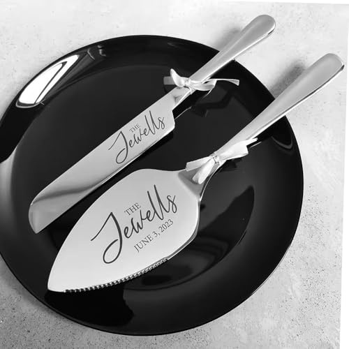 HDLOVE Set De Couteaux À Gâteau De Mariage Personnalisé, Serveur De Couteau À Gâteau Gravé avec Noms Et Date, Set De Couteau À Gâteau en Acier Inoxydable pour Douche Nuptiale, Noël, Anniversaire.