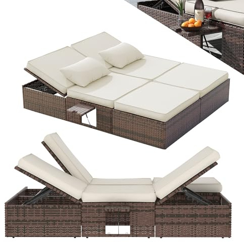 UDPATIO XXL Rattan Gartenliege wetterfest, 200 x 160 cm Polyrattan Sonnenliege für 2 Personen, Outdoor Doppelliege mit 5-Fach Verstellbarer Rückenlehne für Balkon, Braun+schwarz & Cremefarbene Bezüge