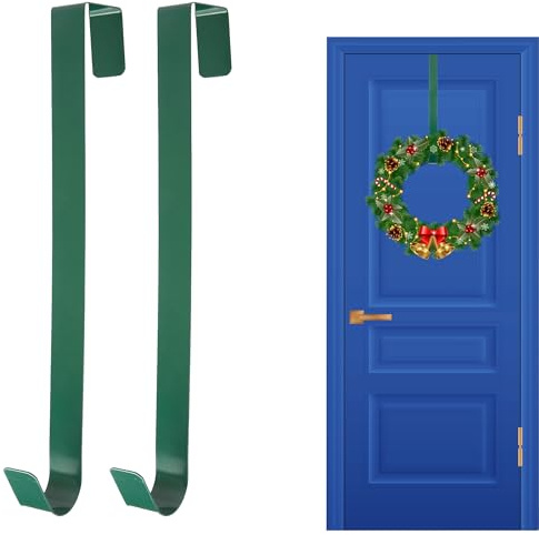 2Pcs Christmas Wreath Door Hanger 38cm Green Metal Over Door Wreath Holder | Fits Doors up to 5 cm Thick, Rust-Resistant Metal for Christmas Wreaths, Home, Office and Seasonal Decorations