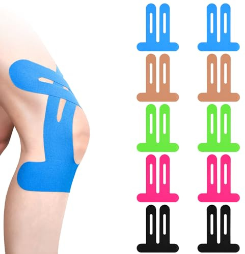 10 PCS Knee Tapes for Knee Pain,Elastic Waterproof Pre Cut Sports Tapes for Muscle Discomfort Relief (Blue Skin Color Green Red Black)