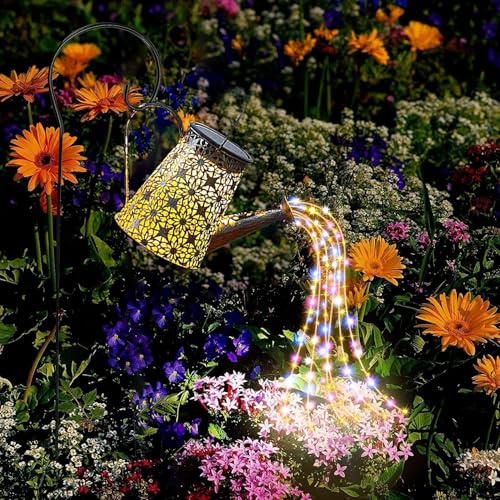 Solarize ® LED Solar String 36 Lights Antique Copper Watering Can with Shepherd Hook 1 Metre Height Multi Colour 2 Pack Retro Metal Hanging Lanterns Waterfall Garden Ornaments IP65 Waterproof