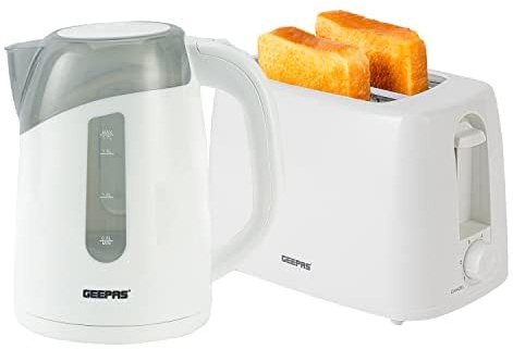 Geepas 650W 2 Slice Bread Toaster & 2200W Illuminating Electric Kettle Combo Set - 1.7L Cordless Jug Kettle for Hot Water Tea, Toaster with 6 Level Browning Control, Cancel - 2 Year Warranty White