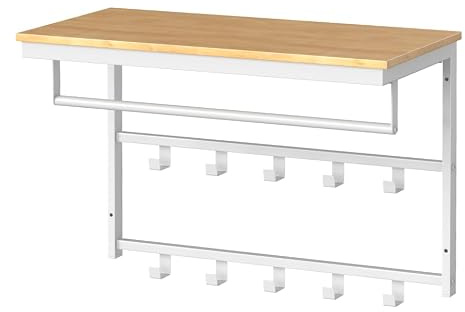 HOOBRO Porte-Manteaux Mural, Étagère de Rangement, Étagère Murale avec 10 Crochets, Vestiaire, Étagère Suspendue avec Tringle, 80 x 30 x 42 cm, pour entrée, Salon, Blanc et Couleur Bois EWN12YM01