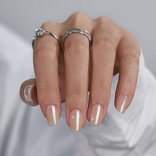 BTArtbox Press on Nails Short - Winter Square Brown Chrome Nail Tips Glue on Nail with Glue, Reusable Stick Nail in 16 Sizes - 32 Soft Gel Kit, Cream Soda
