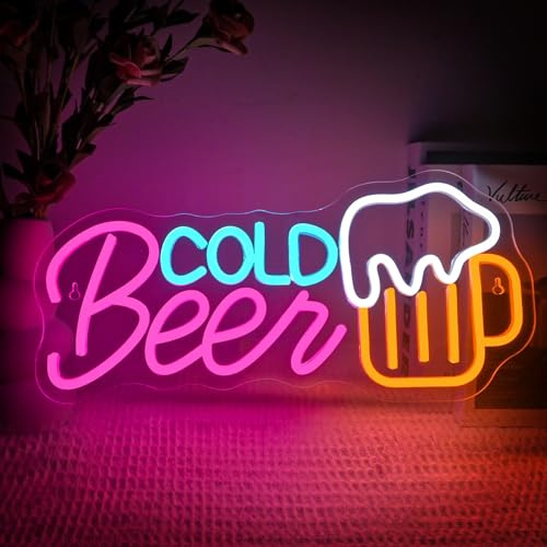 SIGNSHIP Cold Beer Bar Schild, Bier Neon Schild Dimmbar für Wanddekoration, Cold Bier Neon Sign Zeichen Licht, Leuchtschild Wand Dekor für Bars,Taverne,Clubs,Partys,Geschenk