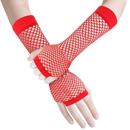ztowoto 2 par näthandskar fingerlösa, fashionabla fisknätshandskar, stretchiga mesh fingerlösa näthandskar för 80-talet fest cosplay kostymtillbehör, röd, Kurz