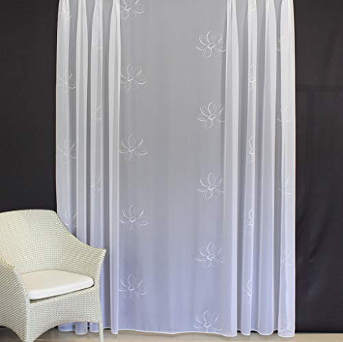 EASYHomefashion Hochwertige Gardine Fertiggardine Voile Store Schal mit Stickerei Faltenband und Bleiband weiß Venezia 170 x 300 cm (HöhexBreite)