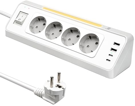 Multiprise d'angle de cuisine, 4 prises, avec 2 ports USB et 2 Type-C, 3680 W/16 A, avec LED, protection contre les surtensions, peu encombrante pour la maison, le bureau, la cuisine, montage mural