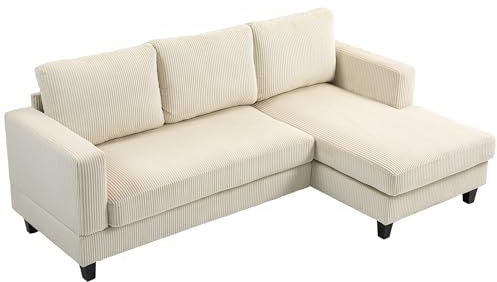 HOMCOM Ecksofa aus Cord, 3-Sitzer-Sofa mit Ottomane und Kissen mit dicken Federn, Breite 214 cm, modernes Design, belastbar bis 400 kg, für Wohnzimmer, Wohnung, Beige