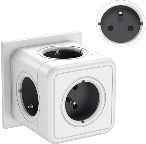 Multiprise Murale Française, 5 en 1 Multiprise Cube avec 5AC Prise, Gris | Multiprise Adaptateur Secteur 3680W, Prise Cube Convient pour Bureau, Maison, Cuisine