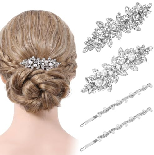 Nogeqi 4 stycken brud hårsmycken bröllop glitter silver strass hårklämma bröllop franska glänsande brudsmycken hår med strass för kvinnor kvinnor flickor brudtärnor bröllop fest