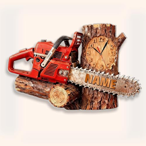 JLSKCN Orologio da Parete Personalizzato a forma di Taglio con Motosega con Nome, Decorazione da Parete in Acrilico 2D, Decorazione per la festa del papà, Regalo Personalizzato per Papà, Uomo