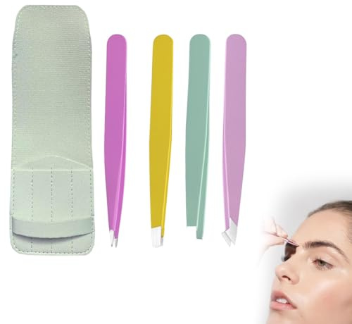 MKEAWWU 1 Estuche + 4 Pinzas Depilar Acero Inoxidable 9,5Cm Multicolor - Antideslizantes Para Cejas Pestañas Barba Precisión