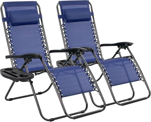 Weida Home Juego de 2 Tumbonas Plegables | Resistente, Reposabrazos, y Bandeja con Portavasos | Ideales para Jardín, Terraza, Patio, Piscina, Camping o Playa | Cómodas, Duraderas (Azul Oscuro)
