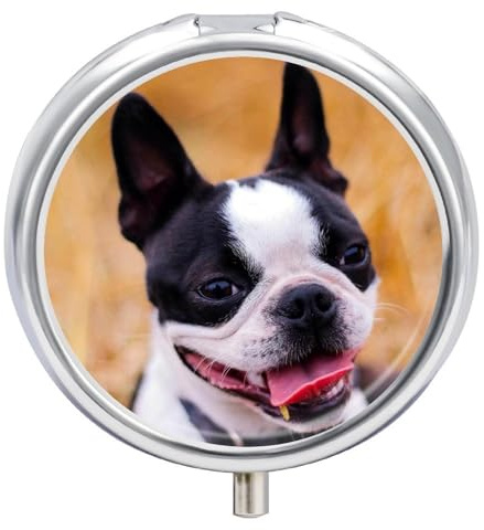 Joli pilulier rond Boston Terrier, portable à 3 compartiments, exquis pilulier en métal avec fermeture à pression, boîte de rangement pour tablette, sac à main, poche, voyage et utilisation