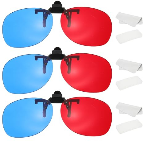 sourcing map Juego de 3 gafas de visión 3D con clip en 3D, color rojo, azul y cian, marco colgante circular con funda de vidrio y paño para gafas, para películas, teatro, juegos, TV, fotos, proyector