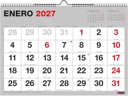 Miquelrius - Calendario 2027 de Pared A4, Números Grandes, Basic | 12 Meses, Vista Mensual, Espacio para Anotar, Calendario Anual al Dorso, Festivos, Fases Lunares, Espiral Doble, Español