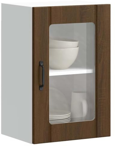 Ezbryzmatic Lucca Kitchen Wall Cupboard Brown Oak Effect Including Glass Door, Chipboard and Glass, 40 x 31 x 60 cm, Wall Mounted Storage Space for Crockery 60 kg, Delivered Without Contents