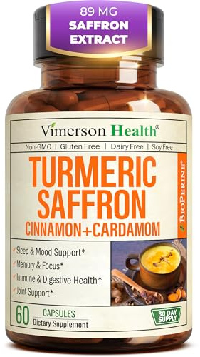 Saffron Supplements – 89mg Saffron Extract, 1000mg Turmeric Curcumin, Ceylon Cinnamon & Cardamom – Daily Mood, Joint & Metabolic Support – Joint Supplements for Women & Men – 60 Capsules