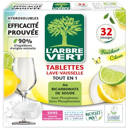 L'Arbre Vert Tablettes Lave Vaisselle Tout En 1 Citron - Ecolabel - 91% d'ingrédients d'origine naturelle - 32 Doses